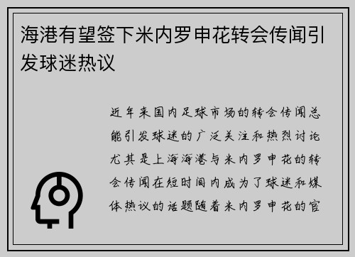 海港有望签下米内罗申花转会传闻引发球迷热议